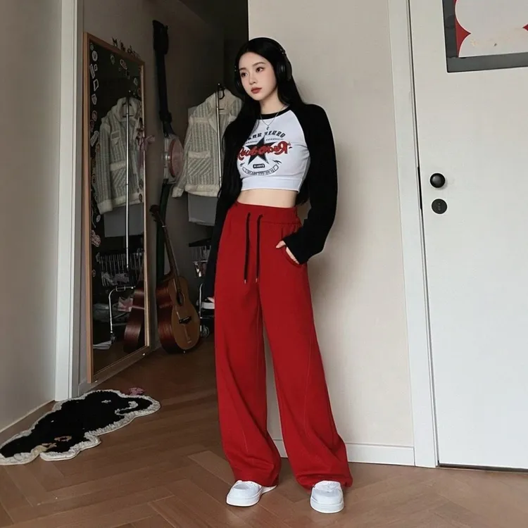 新年年货爆款大红色加绒加厚高腰抽绳美式休闲窄版秋冬弯刀裤子女