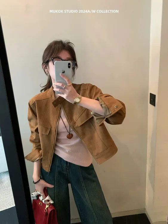 美拉德风咖色短款麂皮绒外套女秋款2025好看高级小众夹克上衣32#