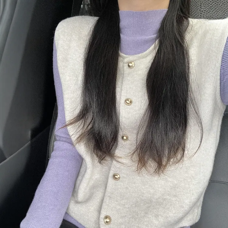 紫色温柔风半高领打底衫搭配针织马甲ins春秋季氛围感气质上衣