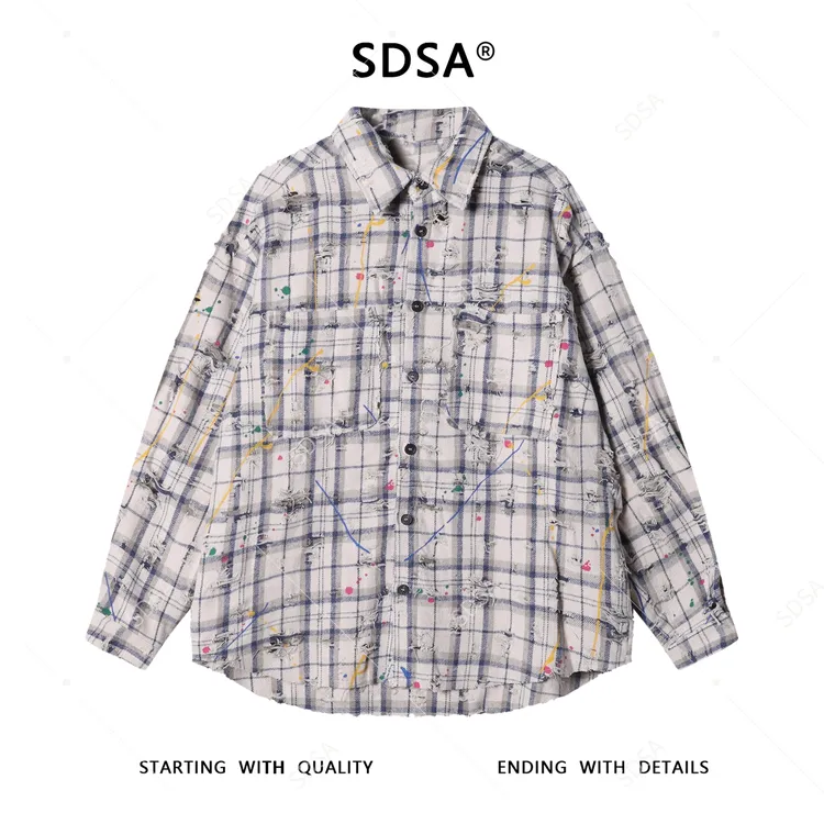 SDSA男士秋冬新款痞帅男装潮牌撞色格纹磨破泼墨翻领衬衫百搭宽松