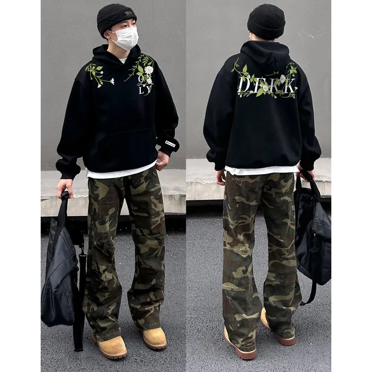 美式潮牌植物花卉字母印花连帽宽松卫衣男女秋冬季休闲情侣款上衣