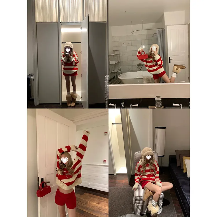 松弛慵懒风宽松条纹毛衣女   61155