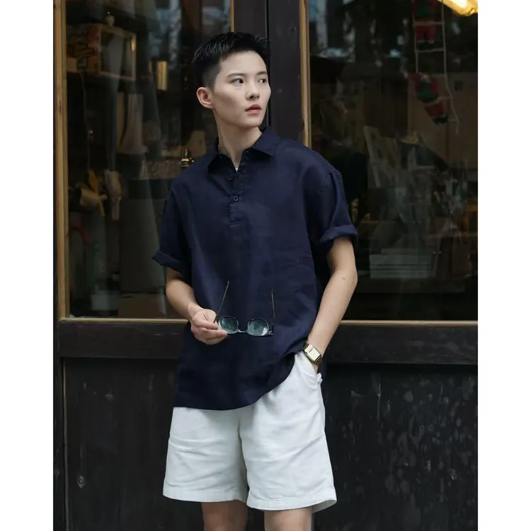 藏青色亚麻短袖衬衫男夏季轻薄透气防晒polo衫美式老钱风棉麻t恤