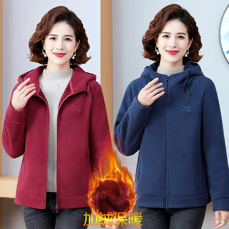 中老年女装加厚摇粒绒保暖外套女中年妈妈连帽奥粒绒卫衣抓绒秋冬