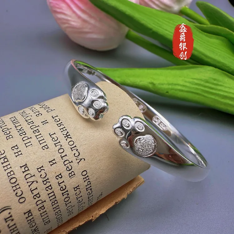 足银手镯 猫爪手镯【鑫爵银创】足银999熟银甜美个性时尚开口镯