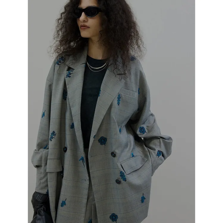 【Montendre】秋冬新款 代 气质设计师格纹花卉宽松西装外套