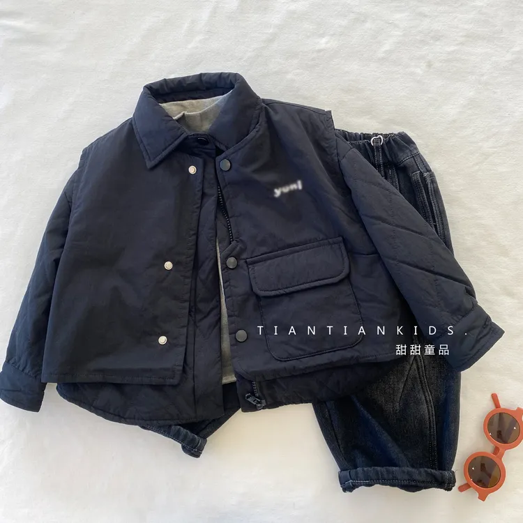 儿童冬季真两件绣花马甲棉外套男童秋冬百搭宽松翻领上衣女童棉服