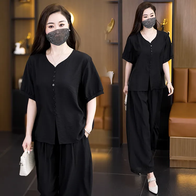 大码胖MM女装2025夏季新款时尚减龄宽松遮肉显瘦妈妈阔腿裤两件套