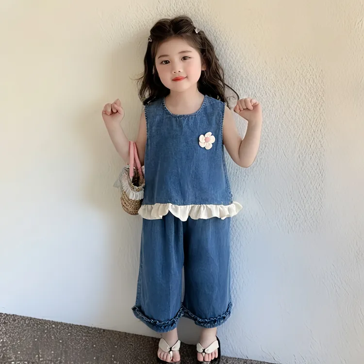 女童夏装套装儿童韩版时尚休闲无袖长裤简约可爱宽松透气亲肤舒适