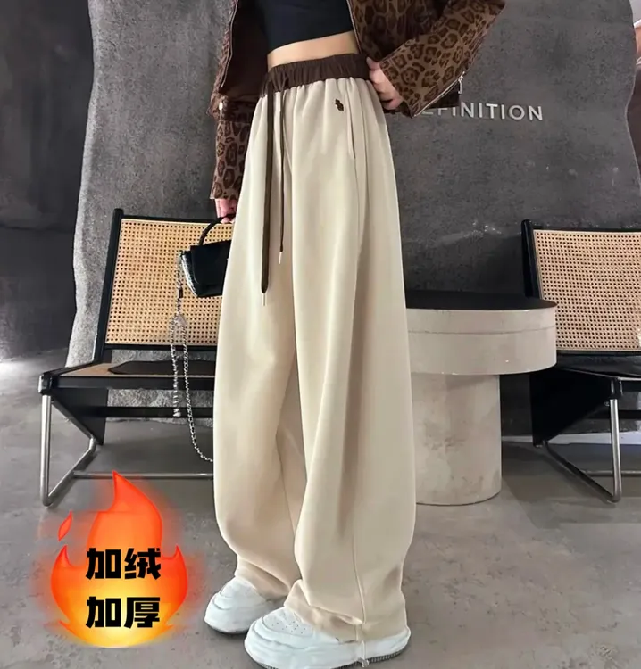 2025秋冬新款刺绣小标休闲裤女一裤两穿撞色高腰显瘦束脚裤阔腿裤