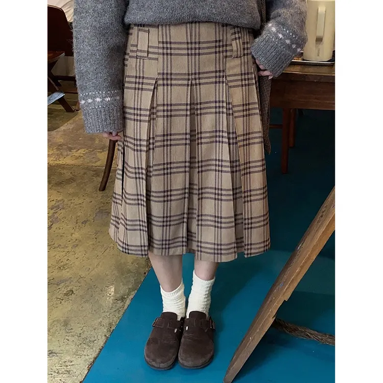 耶古原宿风灯芯绒百褶半身裙女秋冬新款高腰宽袢小个子格纹七分裙