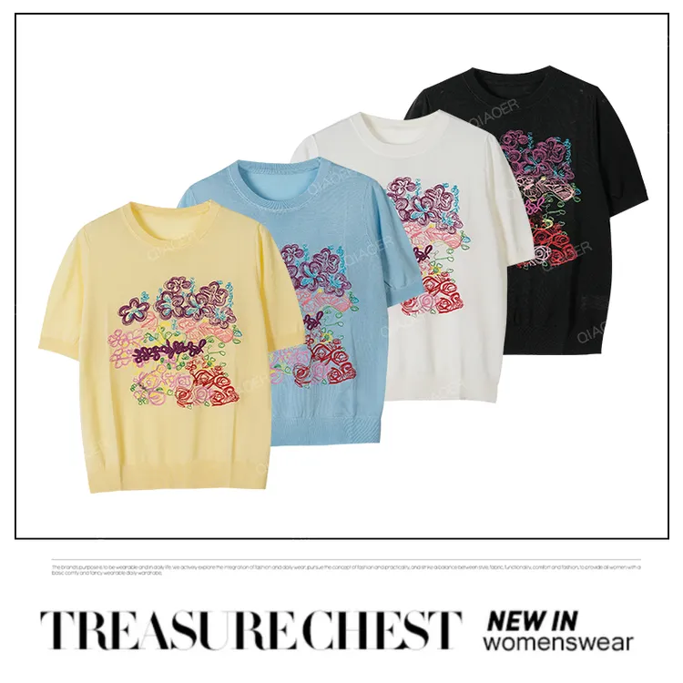 乔儿定制【花团锦簇】绵羊毛+莱赛尔天丝新款针织衫女百搭T恤夏季薄