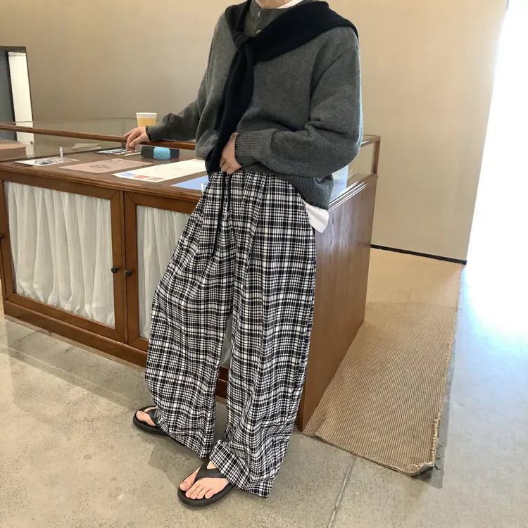 AP MMDD慵懒风黑白格子休闲裤男高级感直筒宽松垂感阔腿长裤ins潮