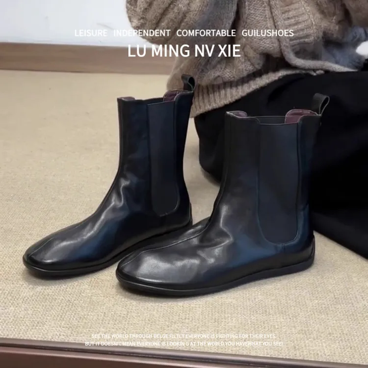 羊皮版~法式时尚切尔西靴女圆头通勤气质百搭平底低跟时装短靴