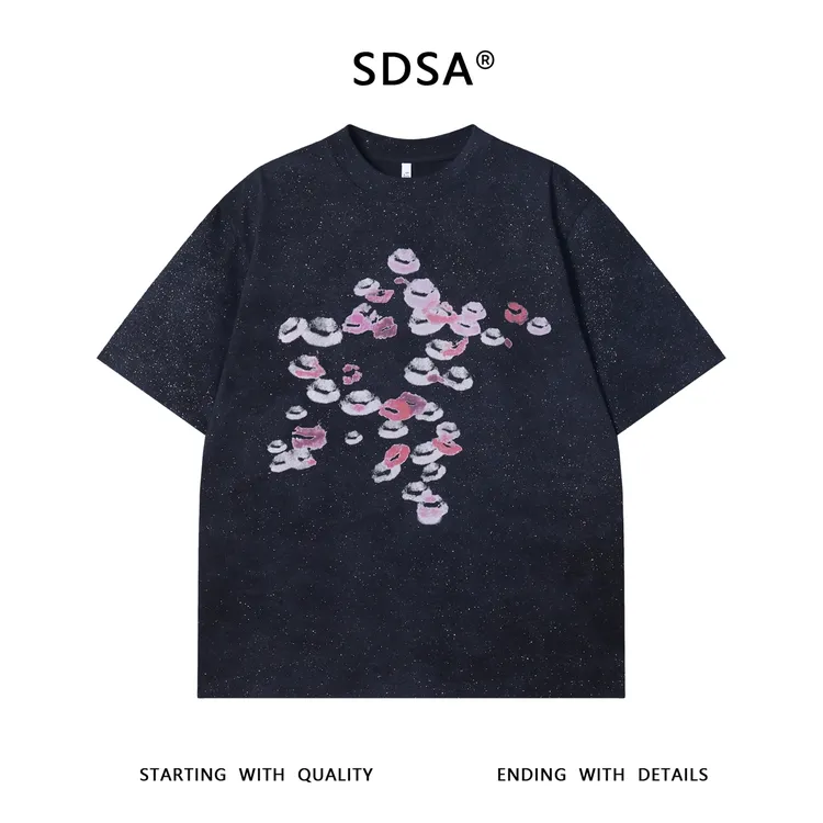 夏季高级感新款潮牌满天星红唇印花圆领短袖T恤百搭情侣宽松上衣