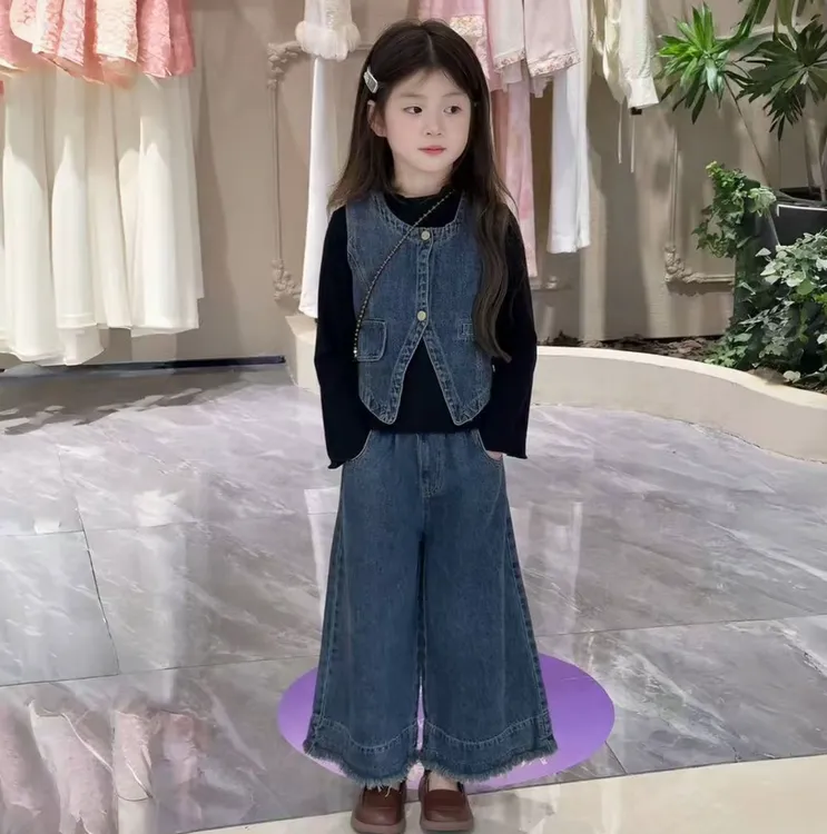 女童秋季套装2025新款儿童洋气时髦牛仔马甲阔腿裤秋装宝宝三件套