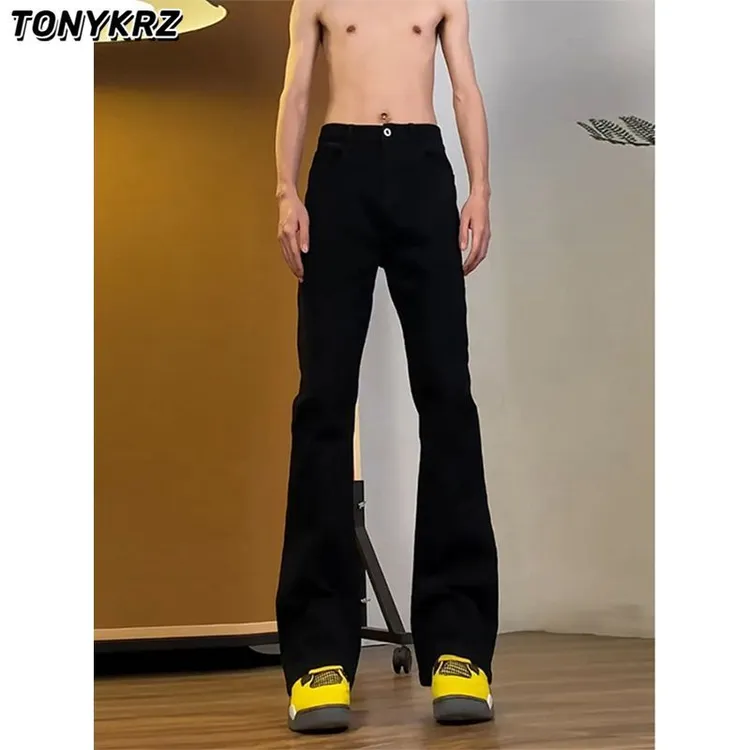 TONYKRZ黑色弯刀牛仔裤男直筒修身美式高街vibe裤子窄版微喇长裤