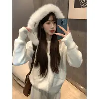 宋正恩毛领宽松连帽针织开衫毛衣外套女秋冬慵懒风韩系上衣ZE6816