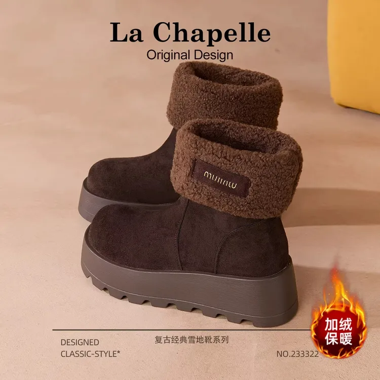 拉夏贝尔厚底雪地靴女2025新款冬季加绒加厚保暖棉鞋复古休闲短靴