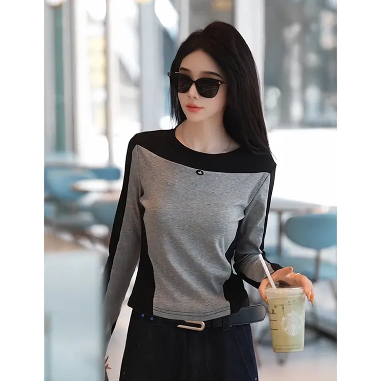 美式圆领撞色正肩长袖T恤女2025秋季新款辣妹短款百搭修身上衣潮