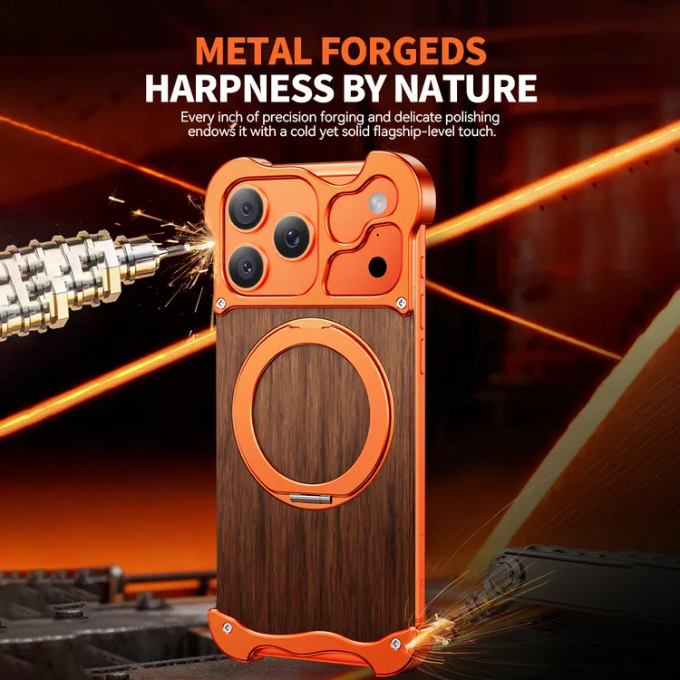 异形金属适用苹果17Pro手机壳17promax无边框奢华木纹背板保护壳