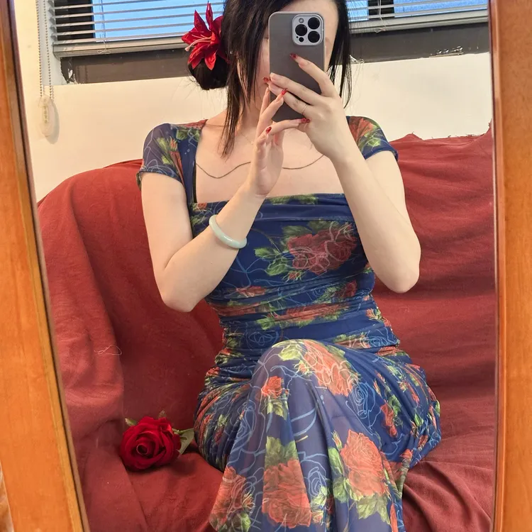 Lam muimui【花想容】复古花色套头印花方领连衣裙夏季法式裙子收腰