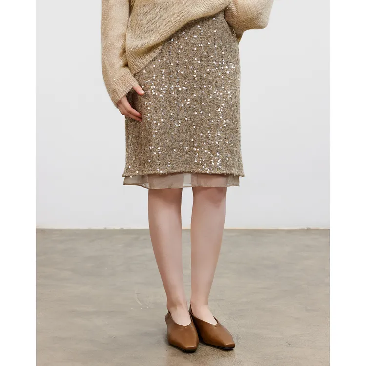LUR 高级感轻奢高腰气质优雅亮片小开叉半身裙2025秋冬新款一步裙