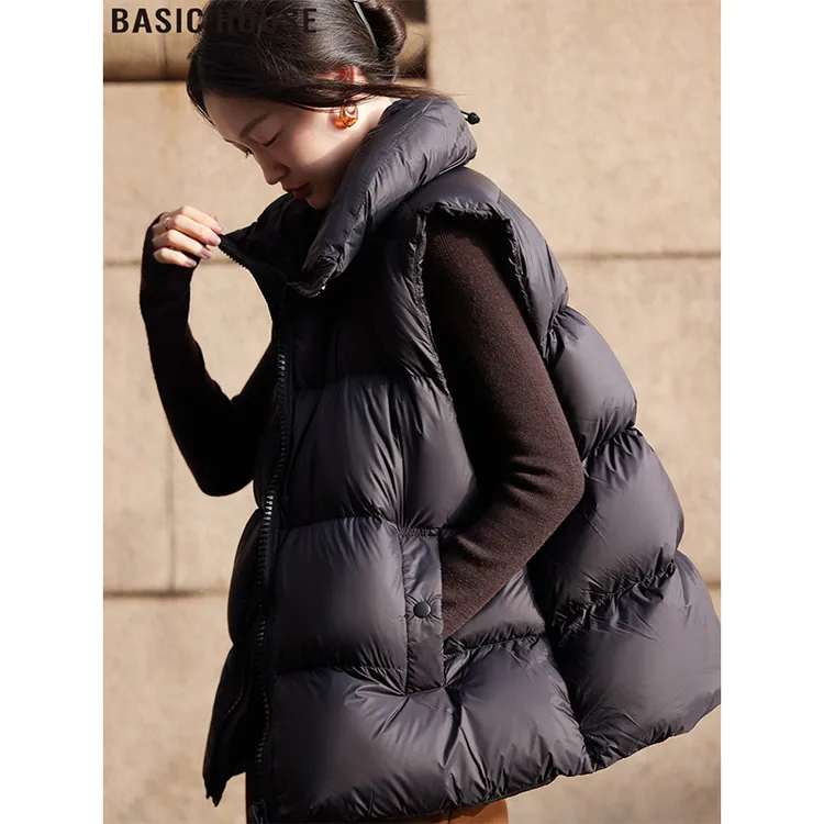 Basic House/百家好黑色立领鸭绒羽绒服马甲外套女冬季保暖面包服