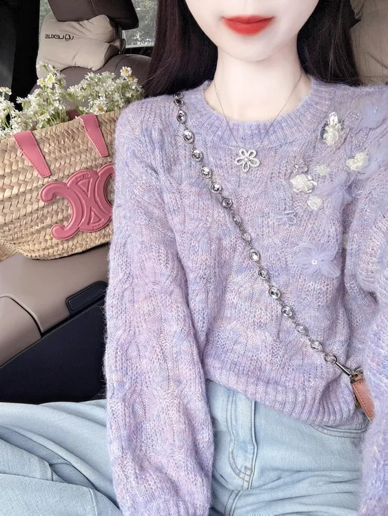 2025新款早春慵懒风甜美花朵亮片针织衫毛衣女上衣百搭牛仔裤套装