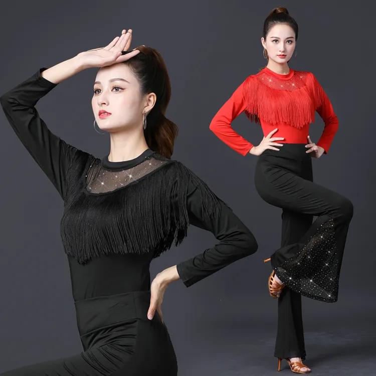 广场舞服装新款长袖上衣秋冬拉丁舞服水兵舞流苏跳舞衣练习服