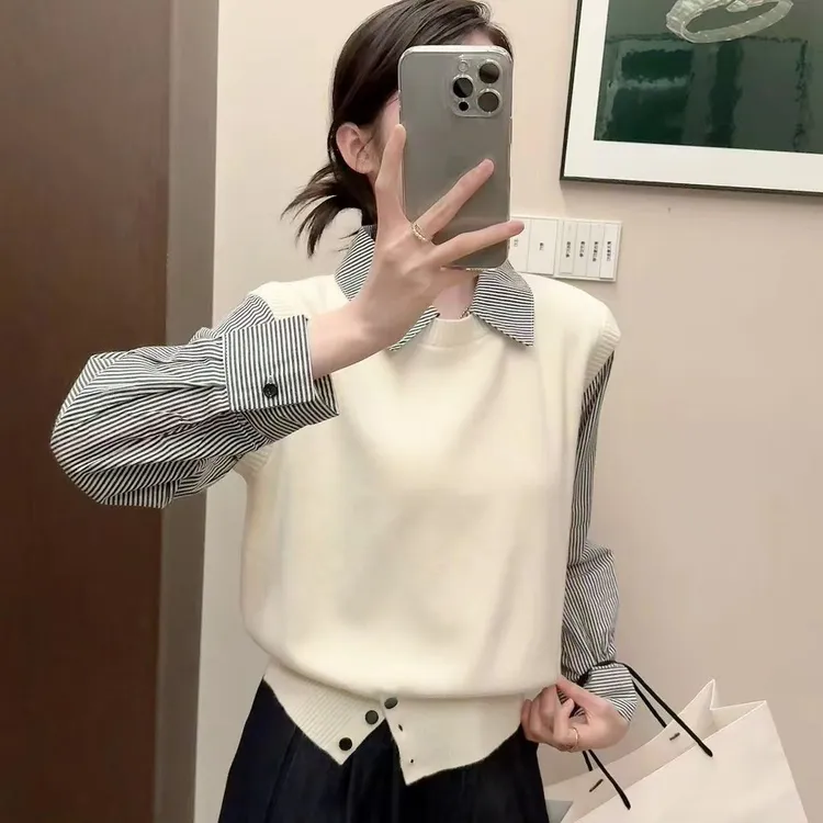 2025年秋季新款时尚百搭衬衫袖拼接针织衫女宽松显瘦假两件上衣潮