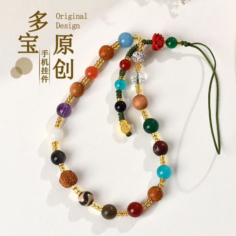 水晶玛瑙檀木菩提S925银葫芦多宝手机链挂件新中式复古挂饰品