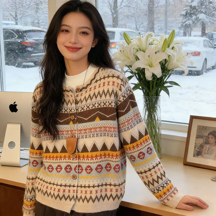 重工提花秋冬新款浣熊女圆领时尚长袖印花针织衫