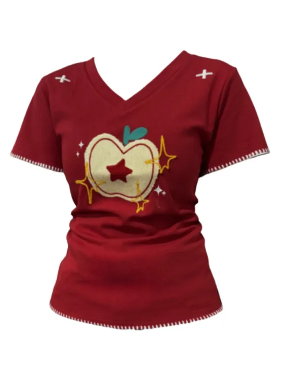 【Amy家】美式甜辣苹果刺绣v领短袖T恤女夏季设计感修身巨显瘦上衣