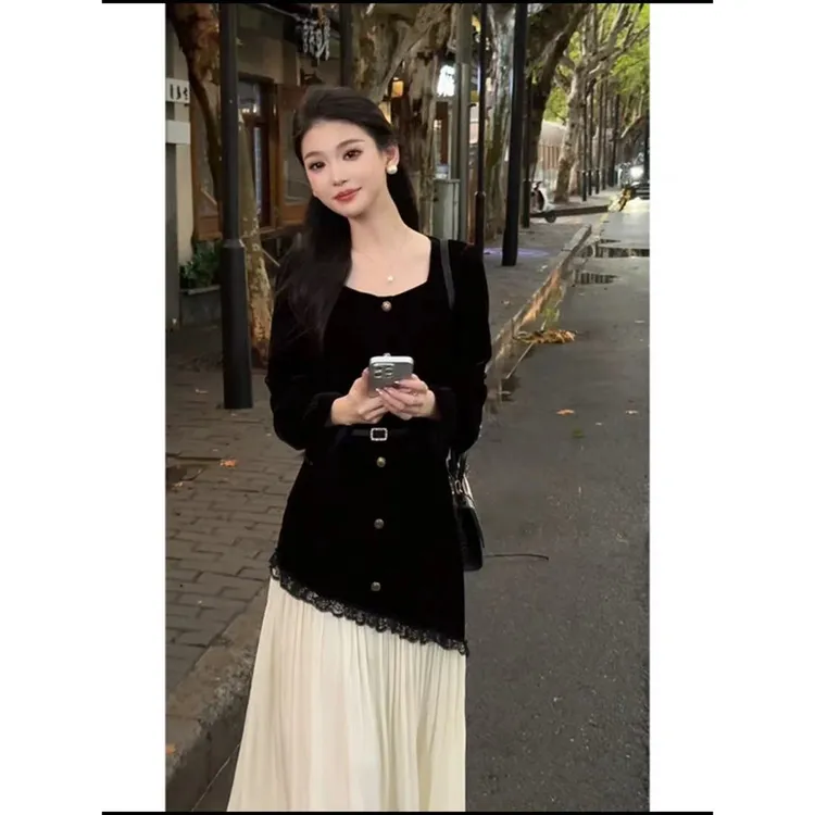 一桐专属珍珠少女拼接设计通勤小众名媛收腰连衣裙