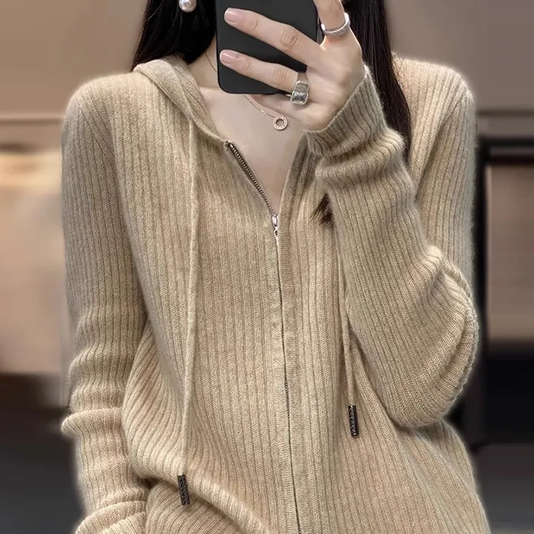 羊毛连帽开衫女2025春秋新款时尚宽松大码毛衣外套双拉链针织帽衫