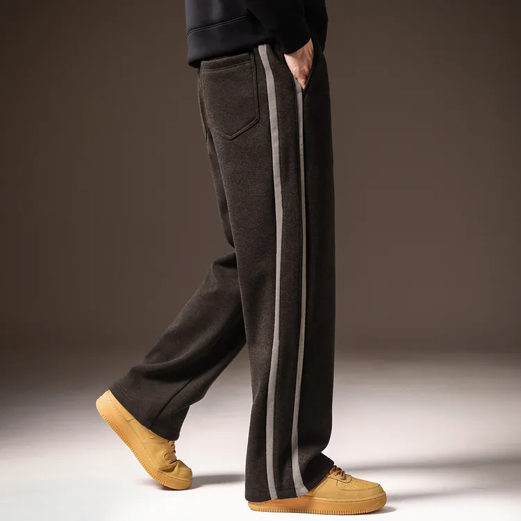 高端美式条纹含羊毛休闲裤男冬季加绒加厚宽松直筒卫裤男士阔腿裤