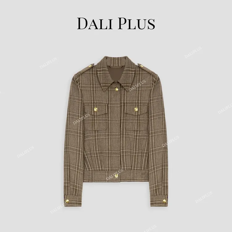 DALI PLUS高奢线 精纺羊.毛复古咖色格纹英伦夹克外套-D4TY0089
