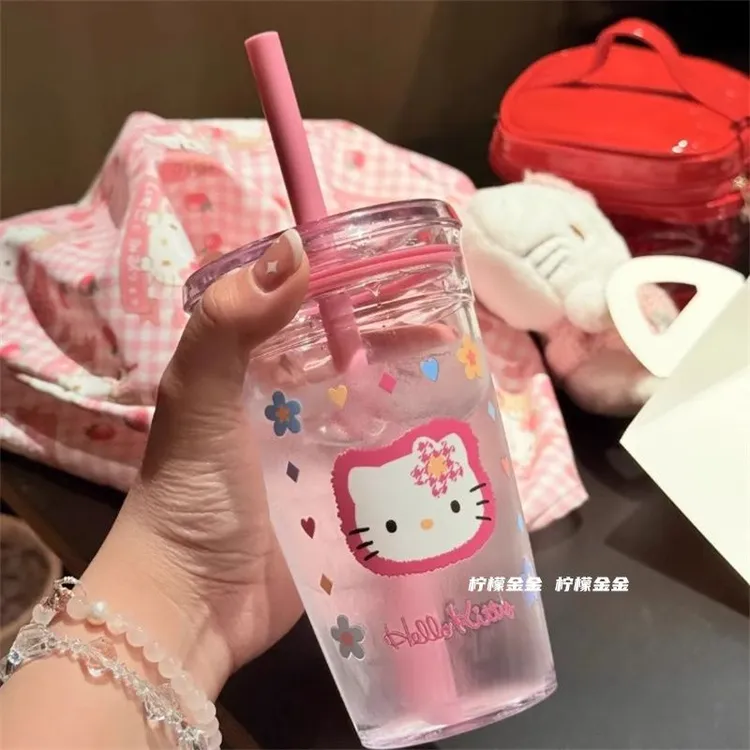 网红便携防摔吸管HelloKitty卡通可爱咖啡杯高颜值学生塑料杯yw