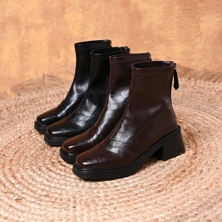 复古显瘦方头厚底粗跟弹力短靴女秋冬新款后拉链百搭瘦瘦靴马丁靴