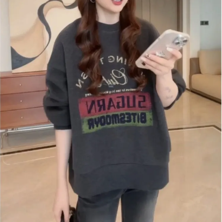 美式复古时尚宽松显瘦百搭圆领设计感前后字母长袖卫衣LK2506643
