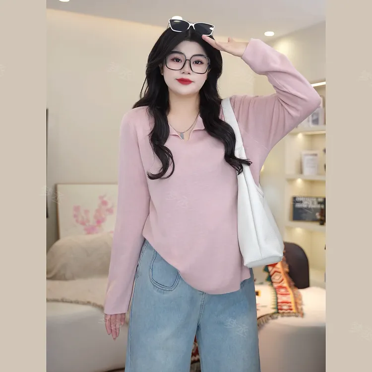 梦丞-半开胸翻边大码女装冬季圆领纯色气质显瘦洋气长袖上衣