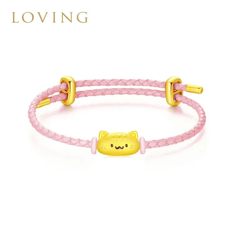 LOVING黄金法棍招财猫皮绳手链足金999可爱猫咪手绳送女友礼物