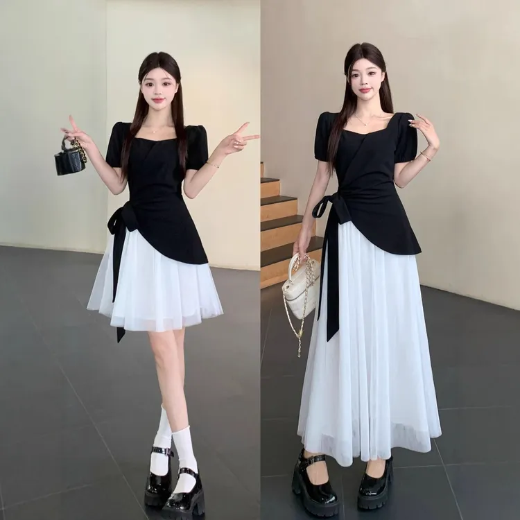 微胖遮肚子长裙妹妹遮肉后妈裙大码夏季感连衣裙蓬蓬裙小黑裙女