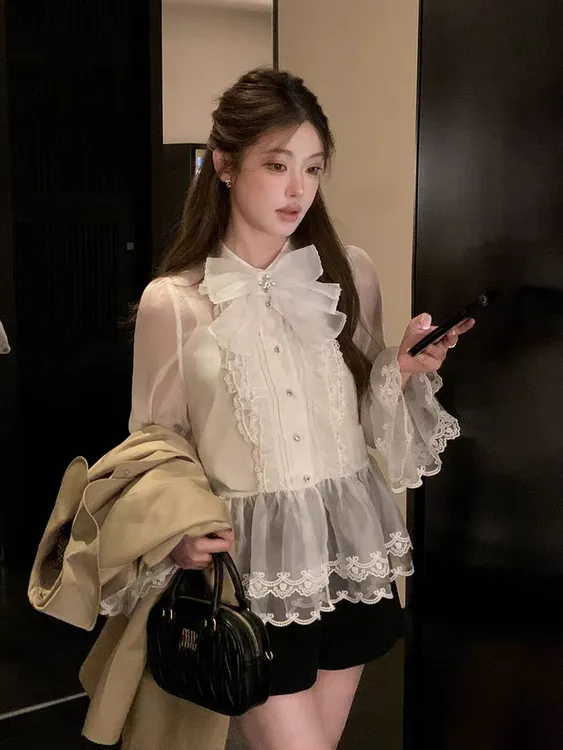 LAMEIXS 高级感法式重工蕾丝拼接蝴蝶结衬衫早秋宫廷风纯欲上衣女