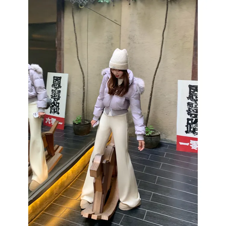 切糕自制【温暖牌】小个子秋冬女款显高百搭高腰加绒显瘦微喇休闲裤