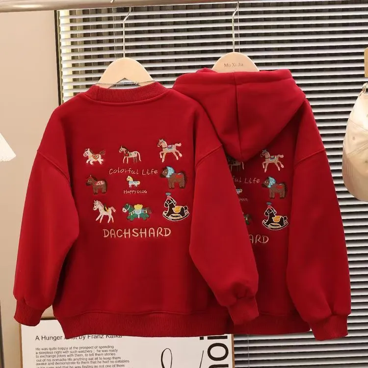 【新年万针刺绣款】儿童冬款拜年服刺绣加绒卫衣2026新款男女童红色