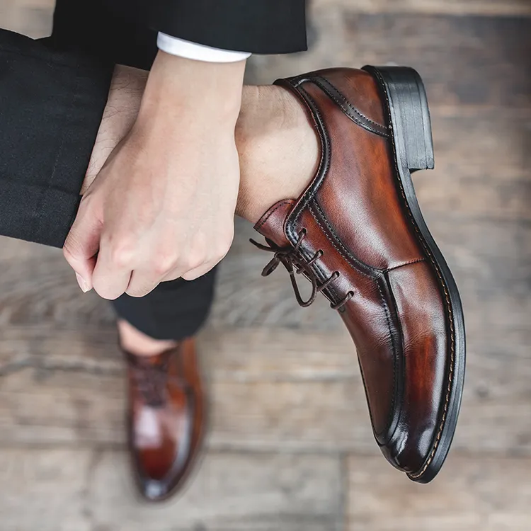 商务正装男士西装皮鞋英伦风真皮休闲百搭男鞋棕色结婚新郎德比鞋