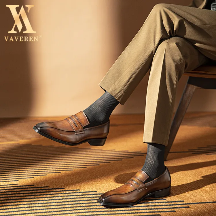 男士真皮正装皮鞋商务正装皮鞋牛皮乐福鞋套脚方头手工擦色英伦风
