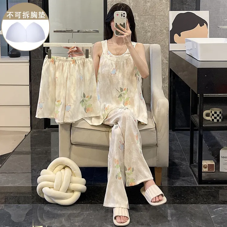 网红风高级感睡衣女夏季简约带胸垫性感吊带短裤花朵三件套家居服